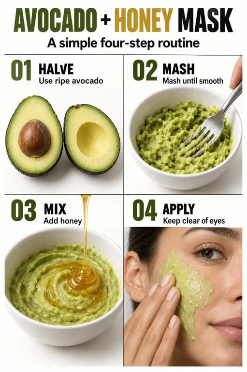 Avocado and honey face mask preparation and gentle application steps