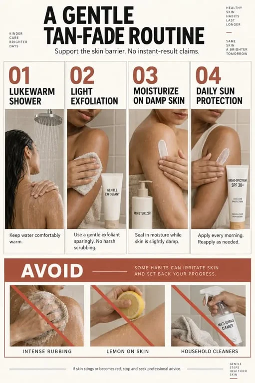 Sun tan removal : routine illustrée avec exfoliation douce, hydratation et protection solaire