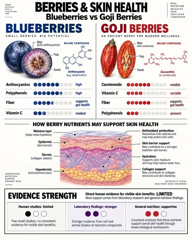 Infographic explaining berries for skin health, including blueberries, goji berries, antioxidants, vitamin C and collagen support