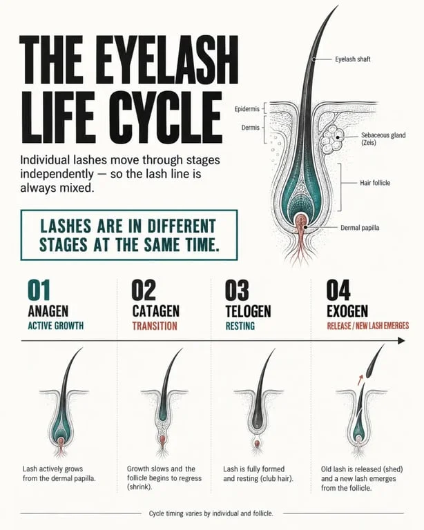 How to grow lashes: editorial diagram of the eyelash growth cycle and natural shedding stages