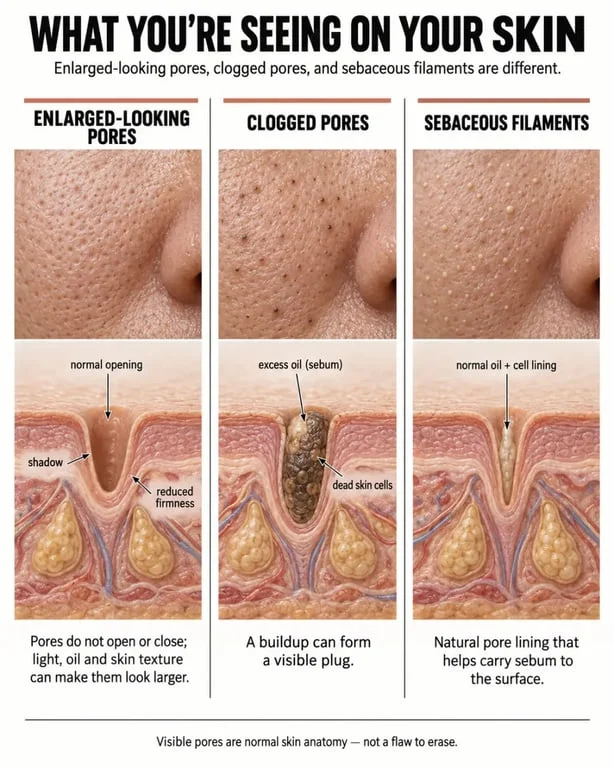 How to reduce pores on face: enlarged pores, clogged pores, and sebaceous filaments explained